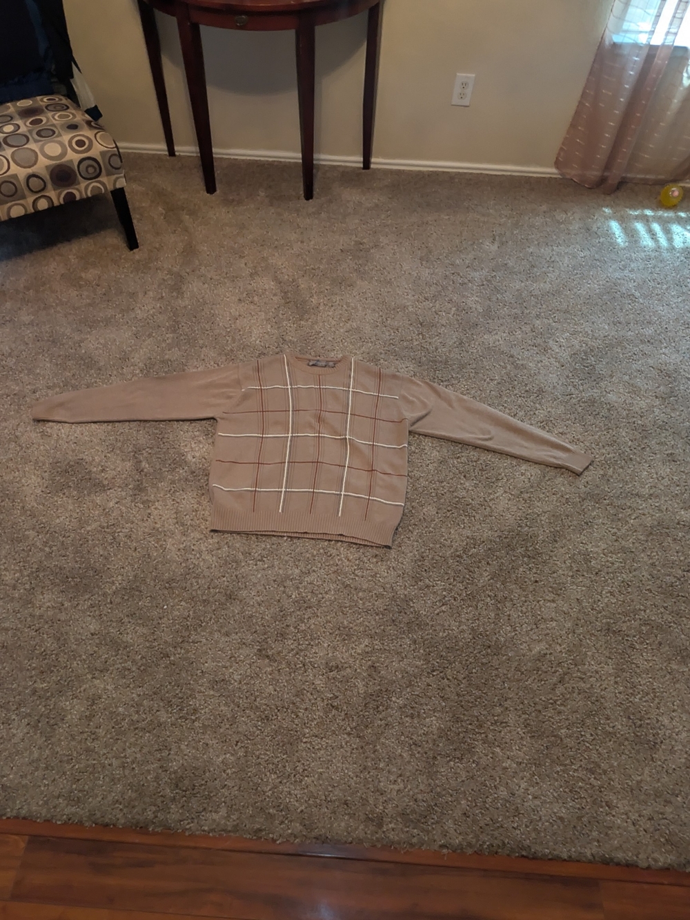 Mens Vintage Oscar De La Renta Tan Beige Grid Plaid Knit Crewneck Sweater SZ XXL